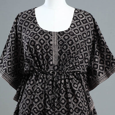 Black - Bagh Block Printed Cotton Kaftan with Tie-Up Waist (Short)
