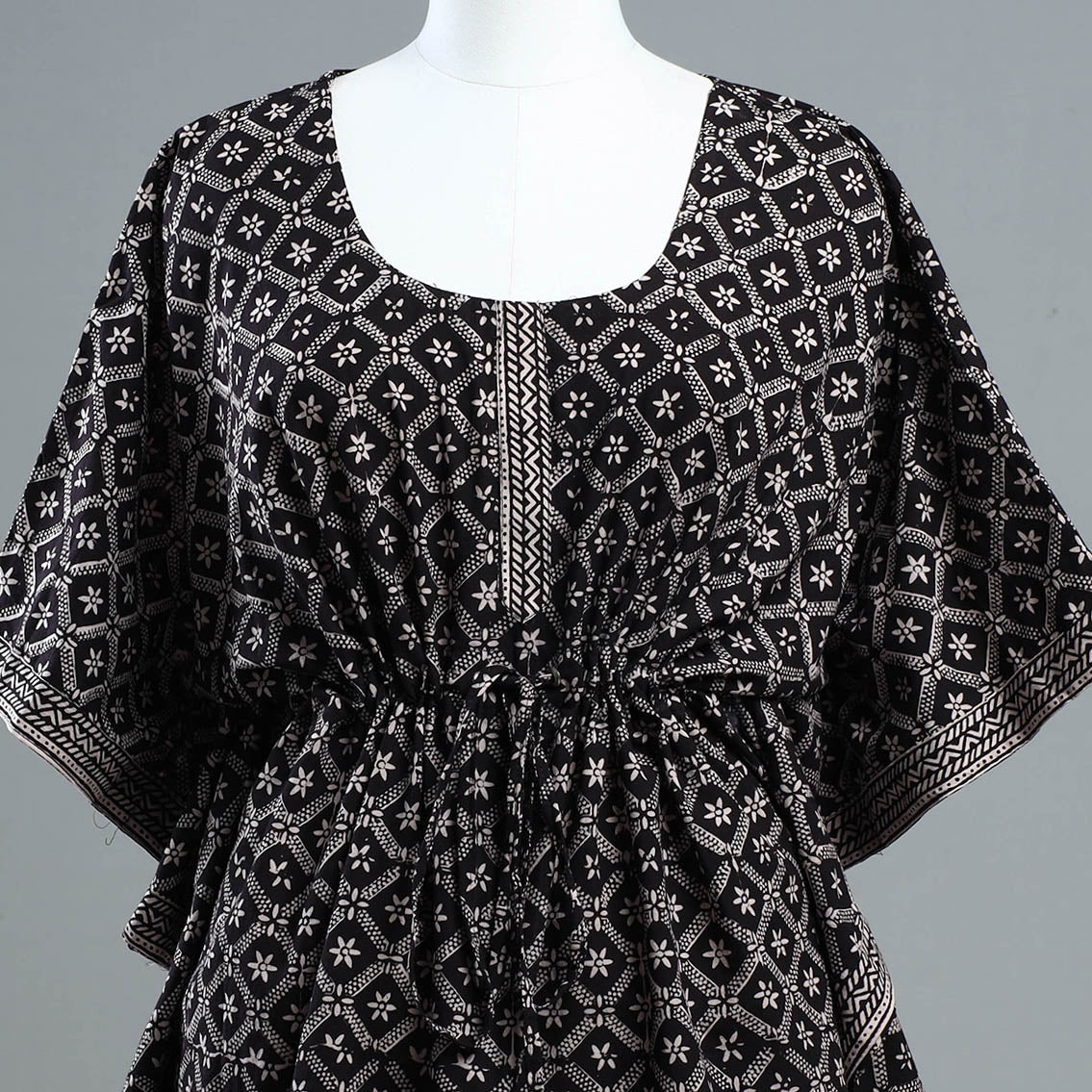 Black - Bagh Block Printed Cotton Kaftan with Tie-Up Waist (Short)