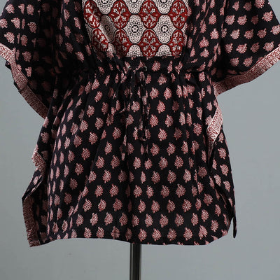 Black - Bagh Block Printed Cotton Kaftan with Tie-Up Waist (Short)