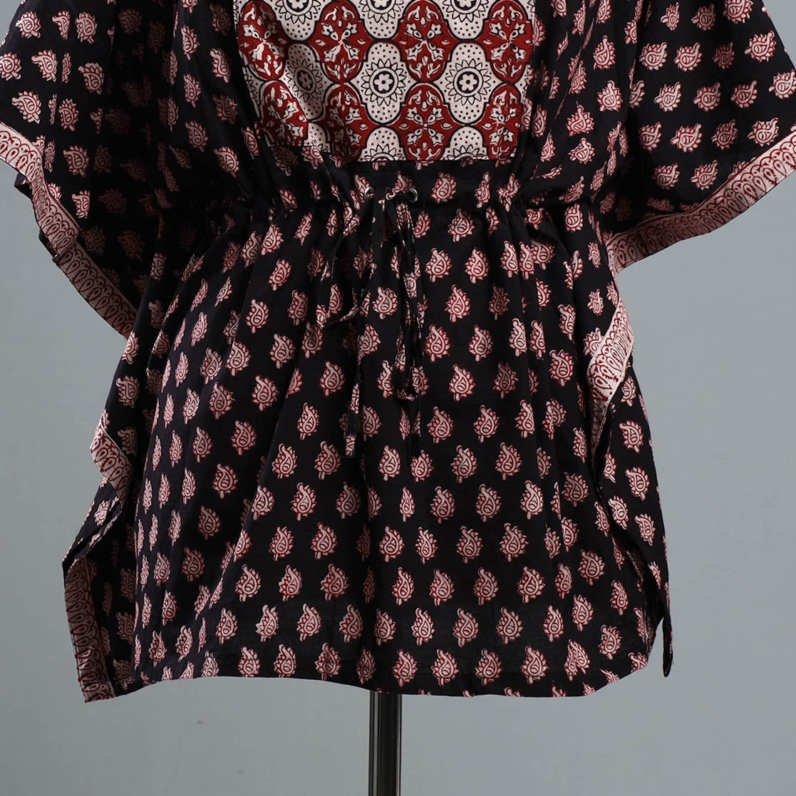 Black - Bagh Block Printed Cotton Kaftan with Tie-Up Waist (Short)