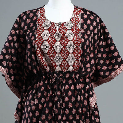 Black - Bagh Block Printed Cotton Kaftan with Tie-Up Waist (Short)