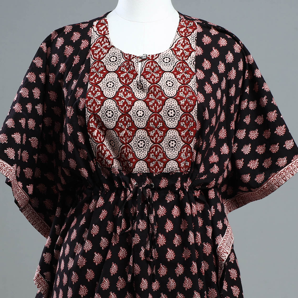 Black - Bagh Block Printed Cotton Kaftan with Tie-Up Waist (Short)