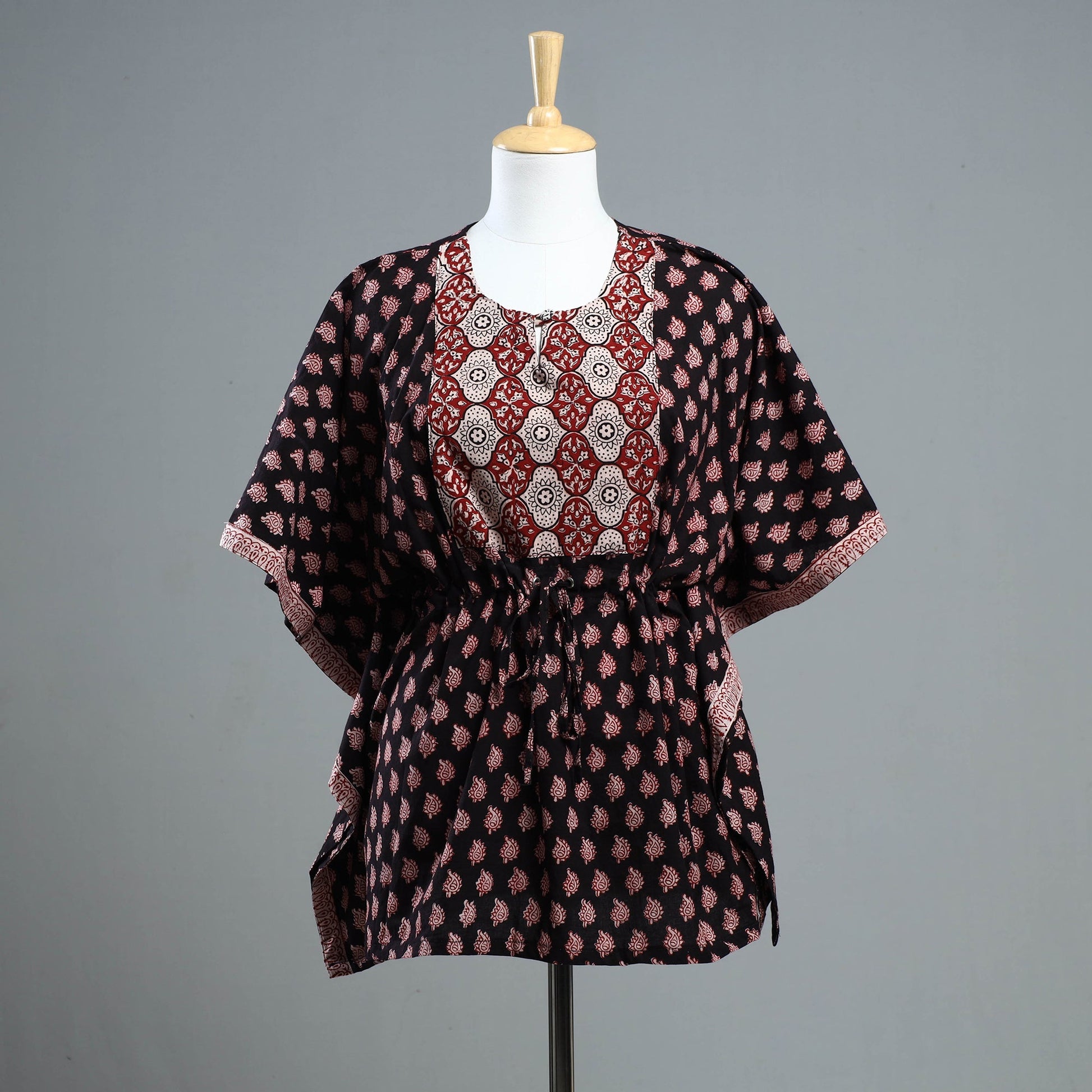 Black - Bagh Block Printed Cotton Kaftan with Tie-Up Waist (Short)