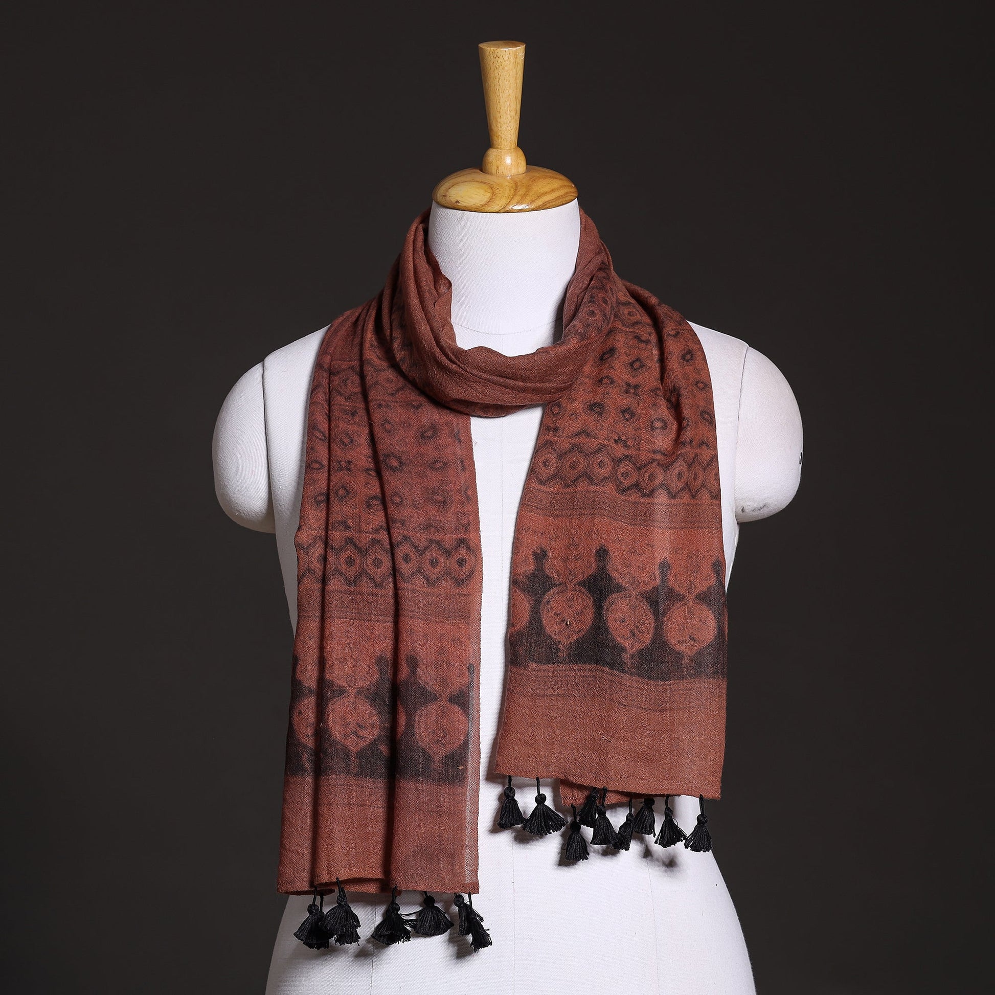 Brown - Ajrakh Hand Block Printed Pure Woolen Stole
