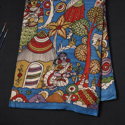 Blue - Bangalore Silk Srikalahasti Pen Kalamkari Fabric 02