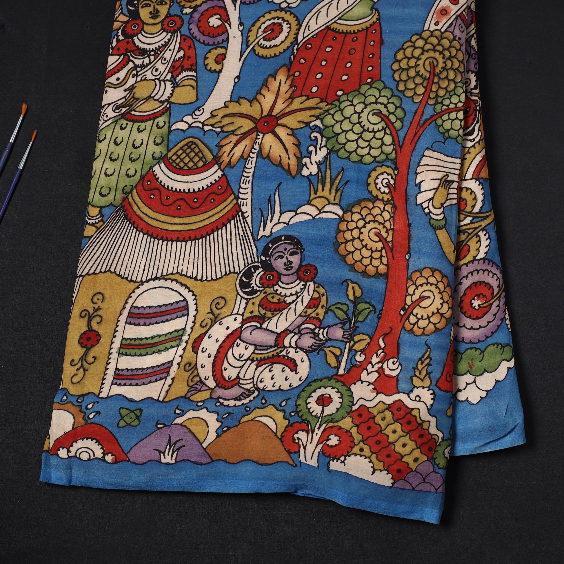Blue - Bangalore Silk Srikalahasti Pen Kalamkari Fabric 02