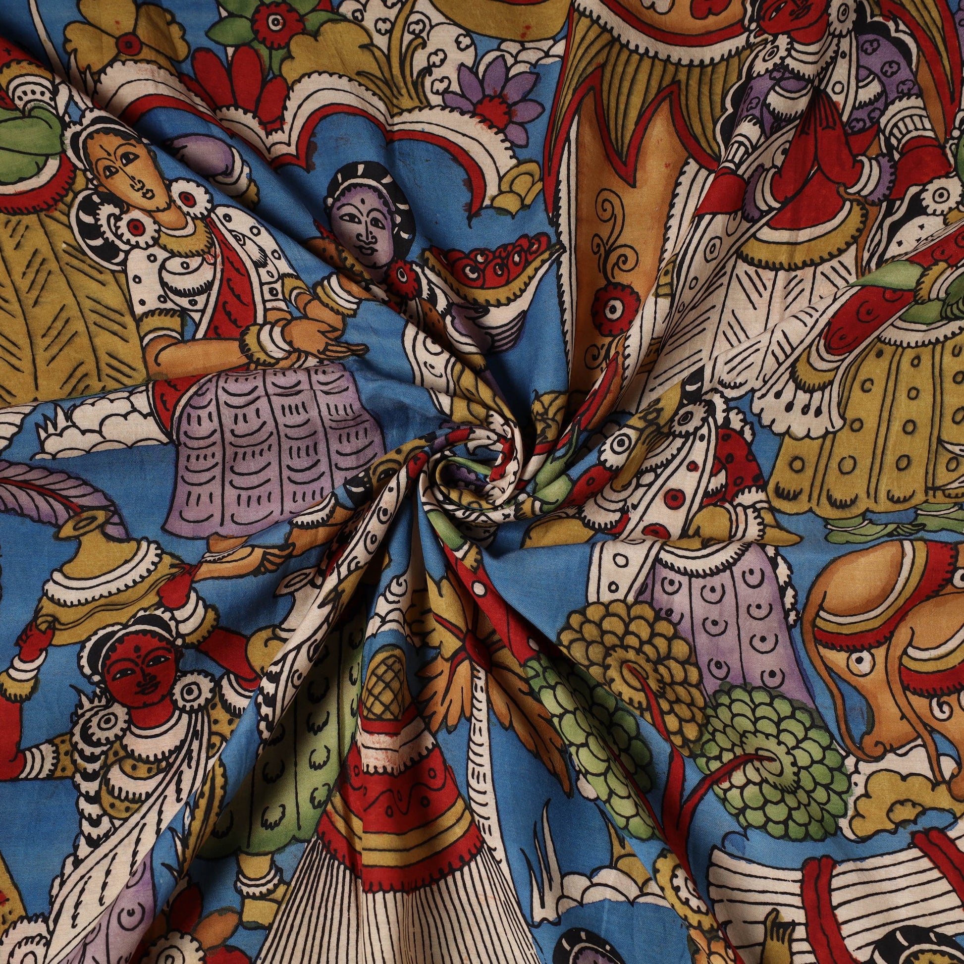 Blue - Bangalore Silk Srikalahasti Pen Kalamkari Fabric 02