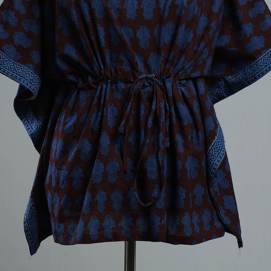 Blue - Bagh Block Printed Cotton Kaftan with Tie-Up Waist (Short)