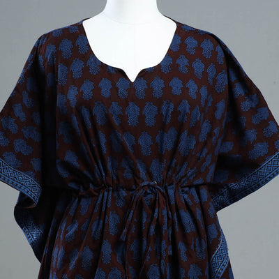 Blue - Bagh Block Printed Cotton Kaftan with Tie-Up Waist (Short)