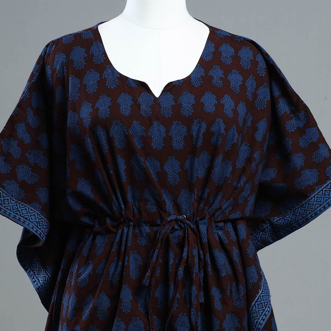 Blue - Bagh Block Printed Cotton Kaftan with Tie-Up Waist (Short)
