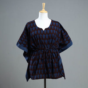 Blue - Bagh Block Printed Cotton Kaftan with Tie-Up Waist (Short)