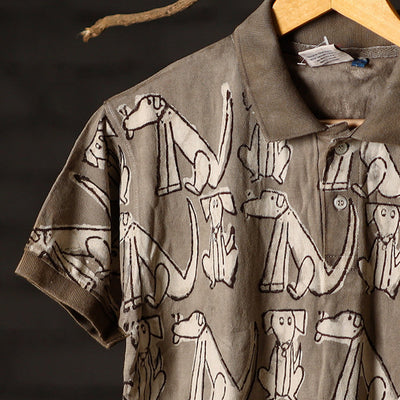 Brown - Bindaas Natural Dyed Art Block Print Polo Collar T-shirt in Cotton