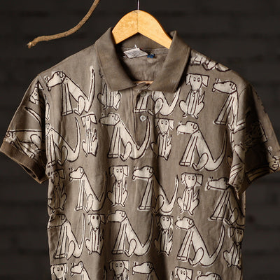 Brown - Bindaas Natural Dyed Art Block Print Polo Collar T-shirt in Cotton