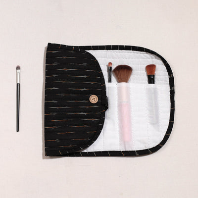 Black - Ikat Fabric Multipurpose Segmented Make-up Brush Wrap Pouch/Case