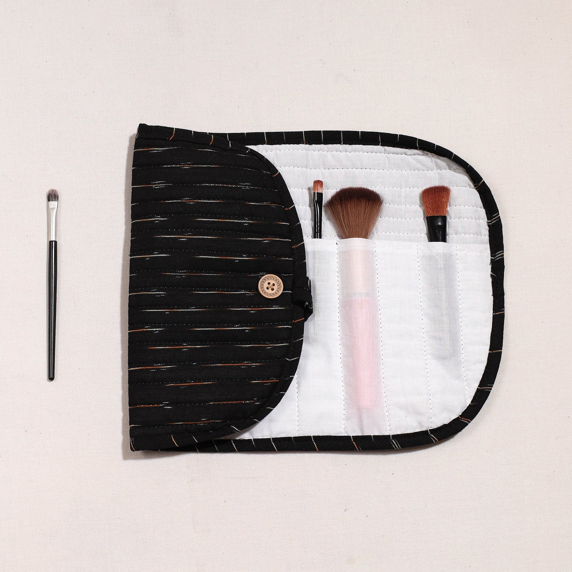 Black - Ikat Fabric Multipurpose Segmented Make-up Brush Wrap Pouch/Case