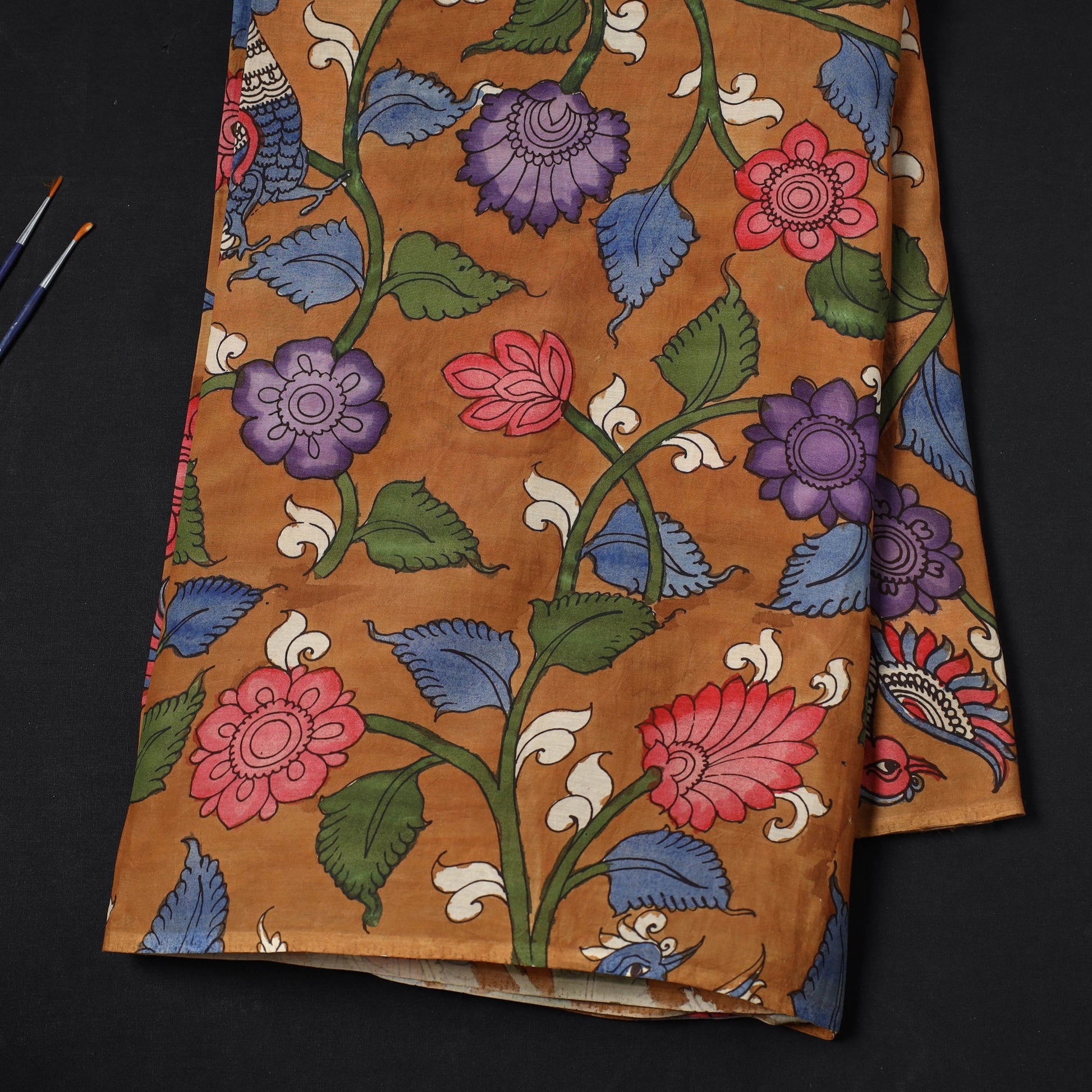 Brown - Bangalore Silk Srikalahasti Pen Kalamkari Fabric 03