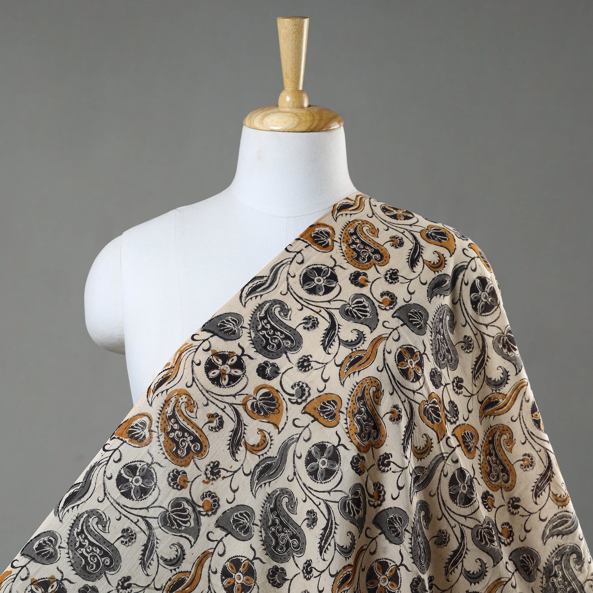 Beige - Block Printed Mul Cotton Pedana Kalamkari Fabric 04