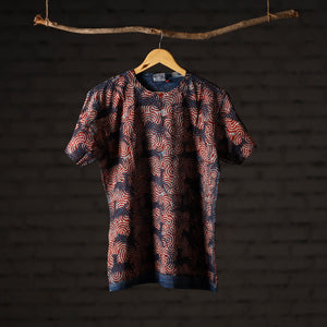 Bindaas Natural Dyed Art Block Print Unisex Round Neck T-shirt in Pure Cotton