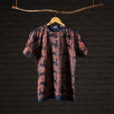 Bindaas Natural Dyed Art Block Print Unisex Round Neck T-shirt in Pure Cotton