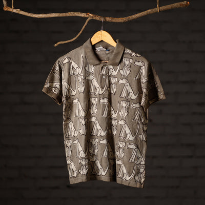 Brown - Bindaas Natural Dyed Art Block Print Polo Collar T-shirt in Cotton