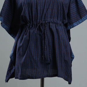Blue - Bagh Block Printed Cotton Kaftan with Tie-Up Waist (Short)