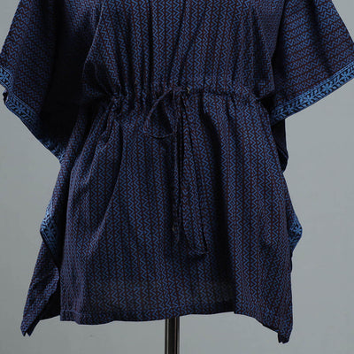 Blue - Bagh Block Printed Cotton Kaftan with Tie-Up Waist (Short)