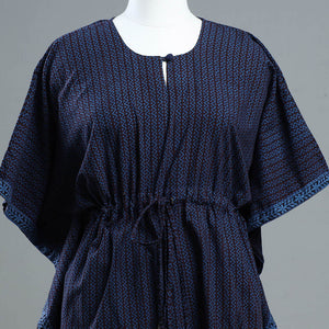 Blue - Bagh Block Printed Cotton Kaftan with Tie-Up Waist (Short)
