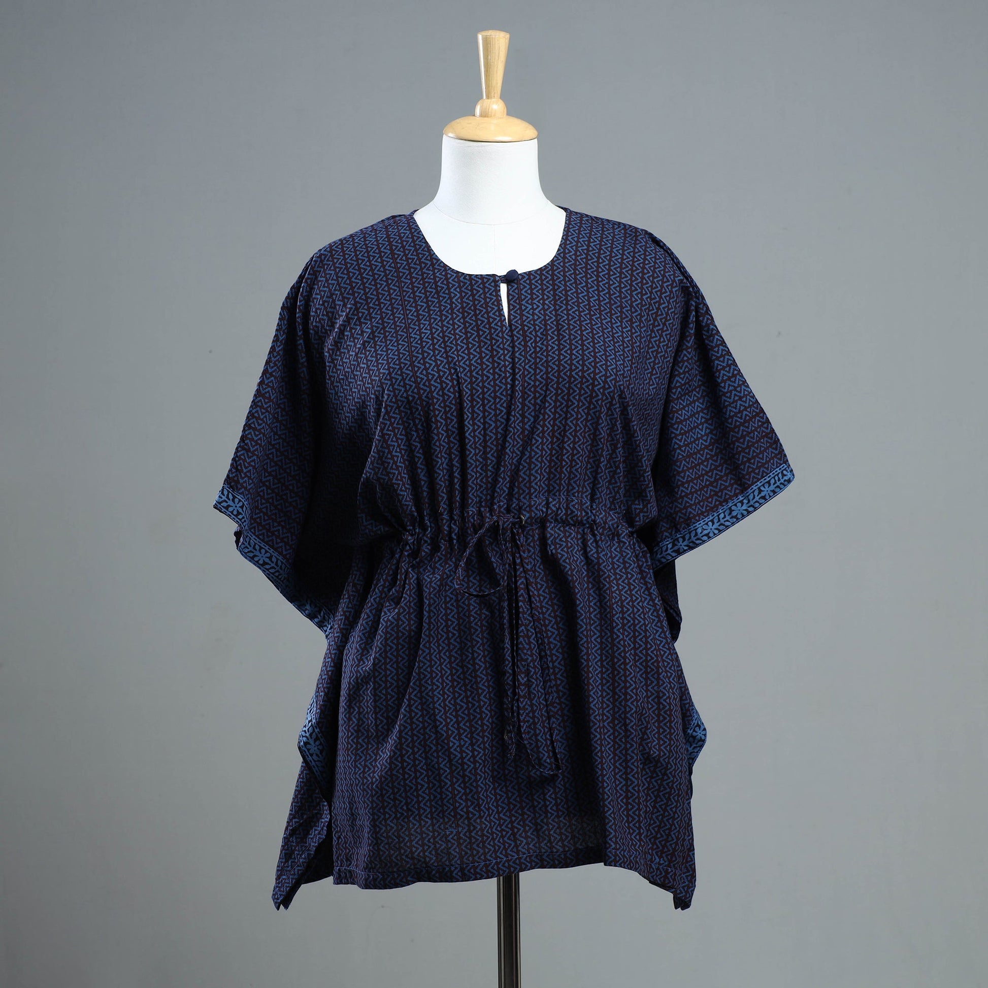 Blue - Bagh Block Printed Cotton Kaftan with Tie-Up Waist (Short)