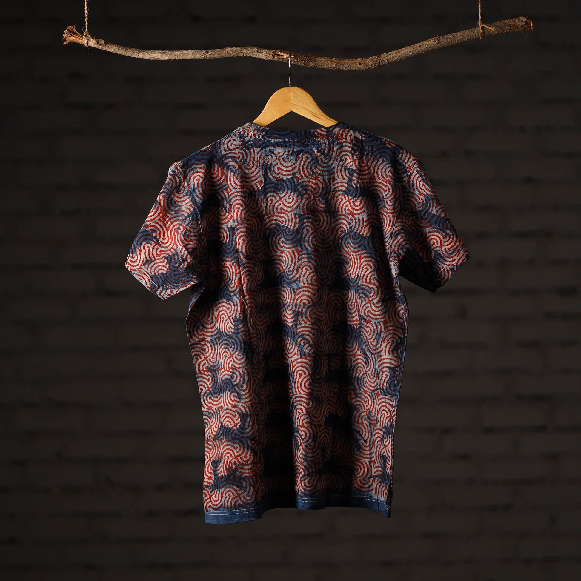 Bindaas Natural Dyed Art Block Print Unisex Round Neck T-shirt in Pure Cotton