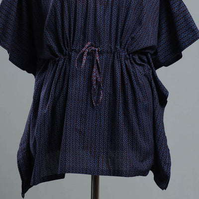 Blue - Bagh Block Printed Cotton Kaftan with Tie-Up Waist (Short)