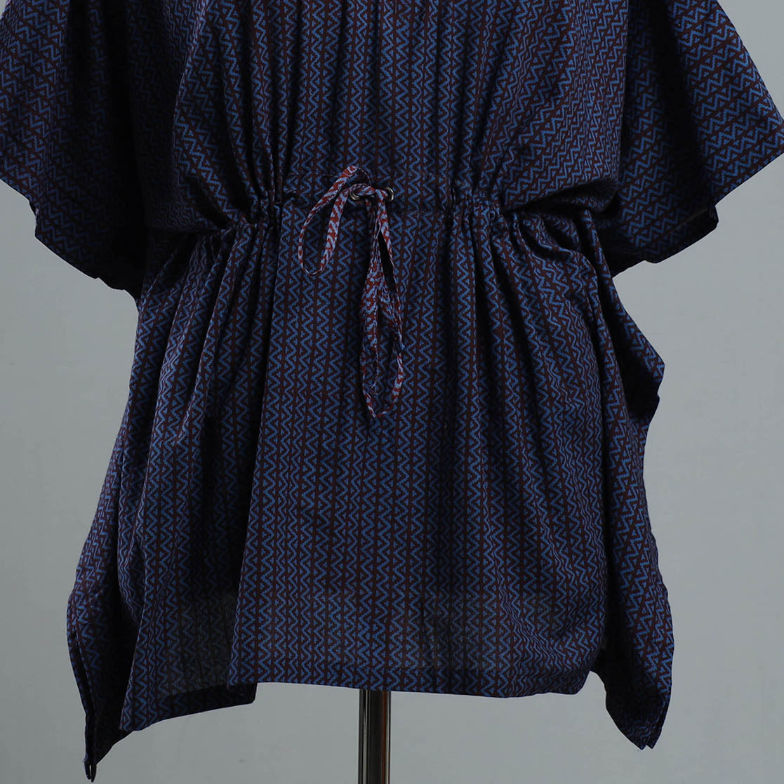 Blue - Bagh Block Printed Cotton Kaftan with Tie-Up Waist (Short)