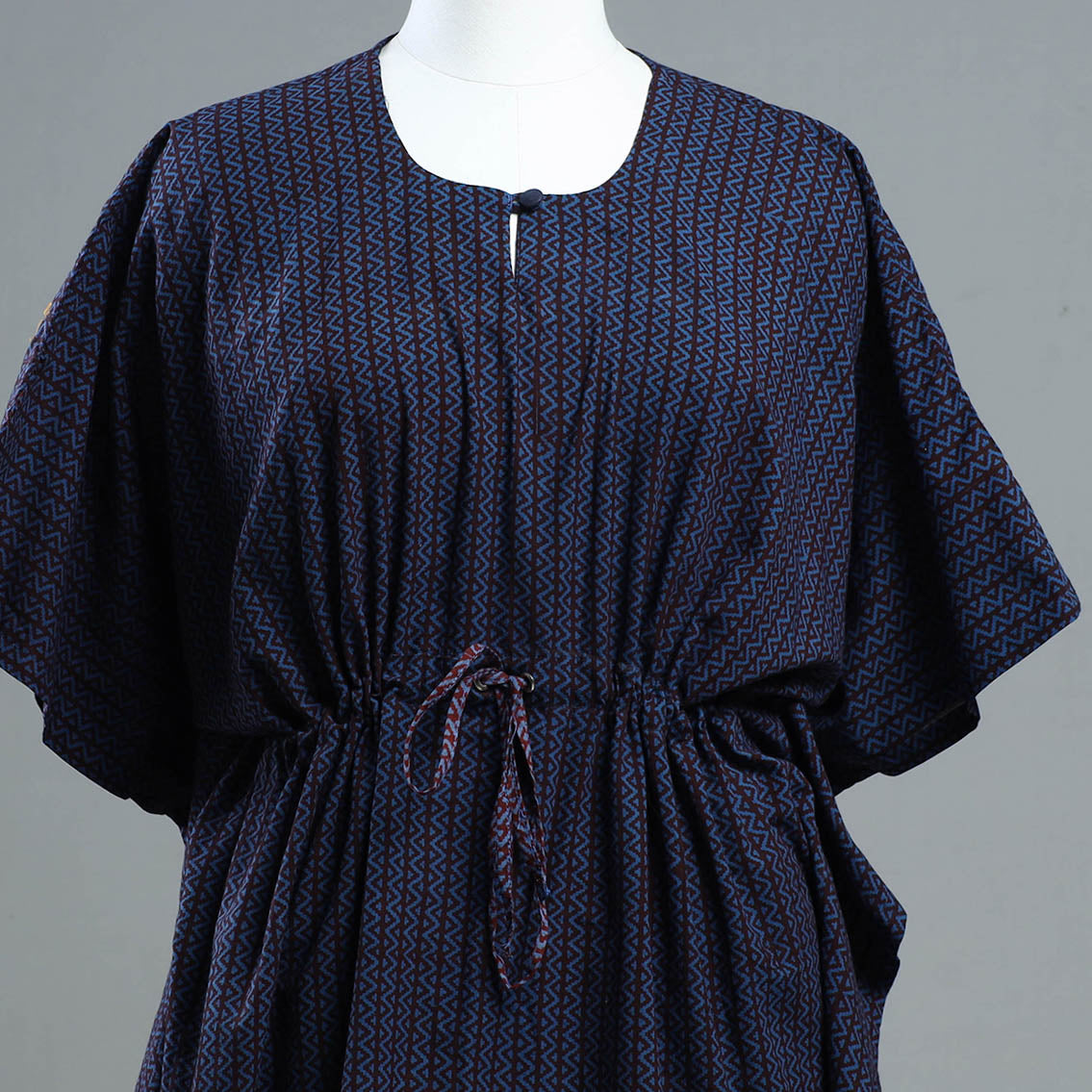 Blue - Bagh Block Printed Cotton Kaftan with Tie-Up Waist (Short)