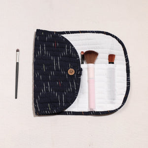 Black - Ikat Fabric Multipurpose Segmented Make-up Brush Wrap Pouch/Case