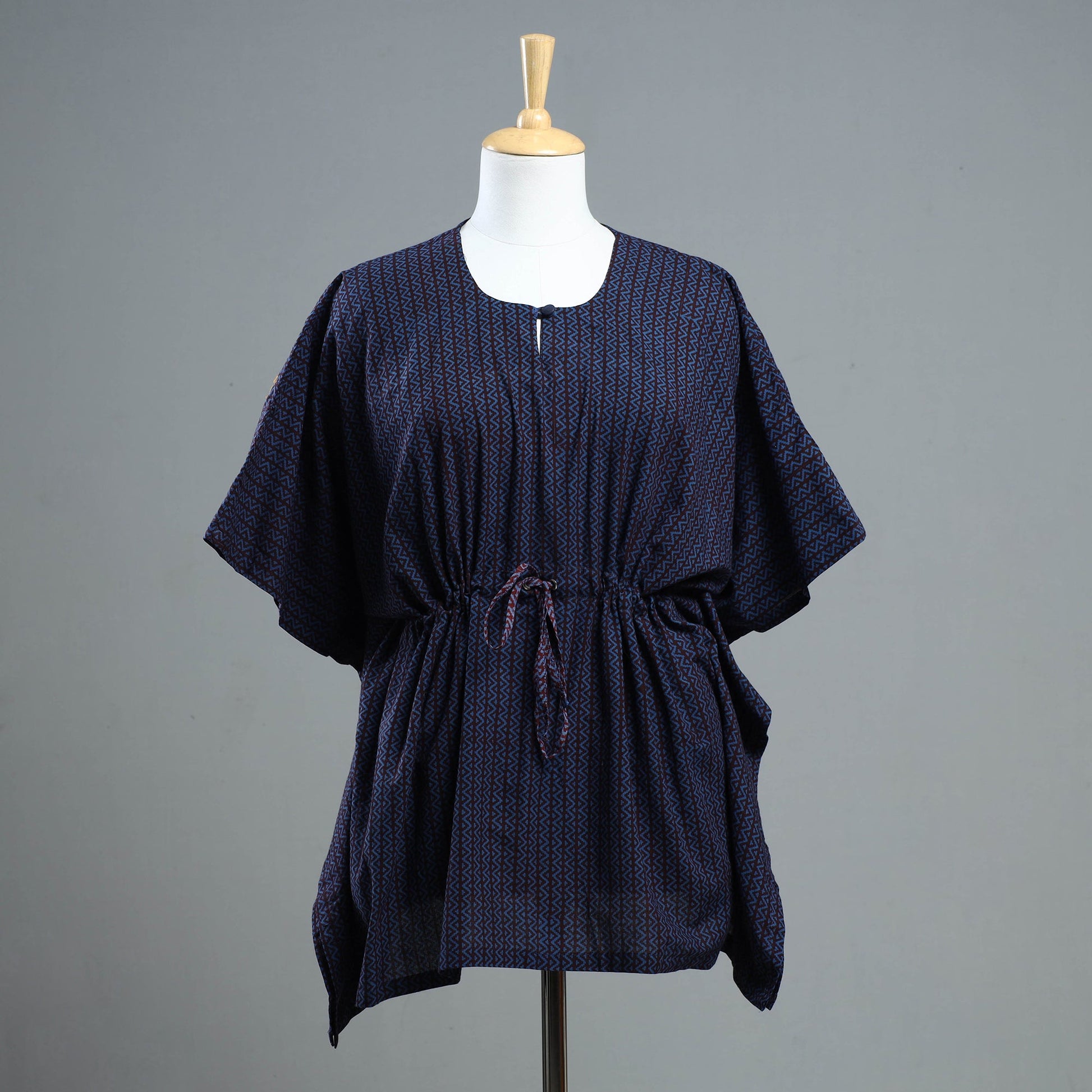 Blue - Bagh Block Printed Cotton Kaftan with Tie-Up Waist (Short)