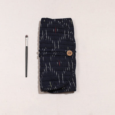 Black - Ikat Fabric Multipurpose Segmented Make-up Brush Wrap Pouch/Case
