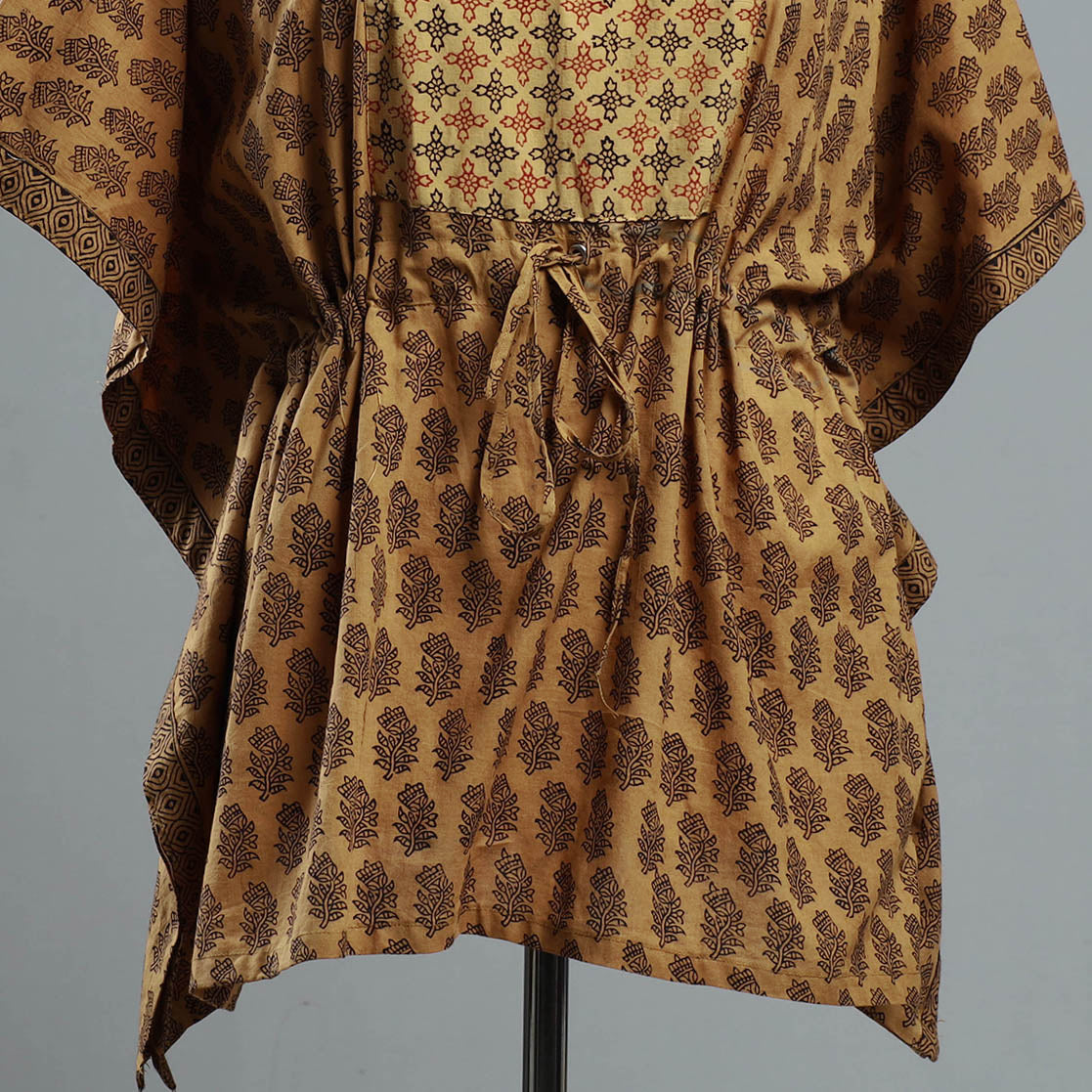 Brown - Bagh Block Printed Cotton Kaftan with Tie-Up Waist (Short)