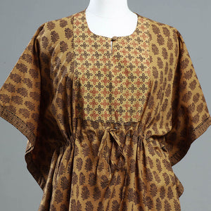 Brown - Bagh Block Printed Cotton Kaftan with Tie-Up Waist (Short)