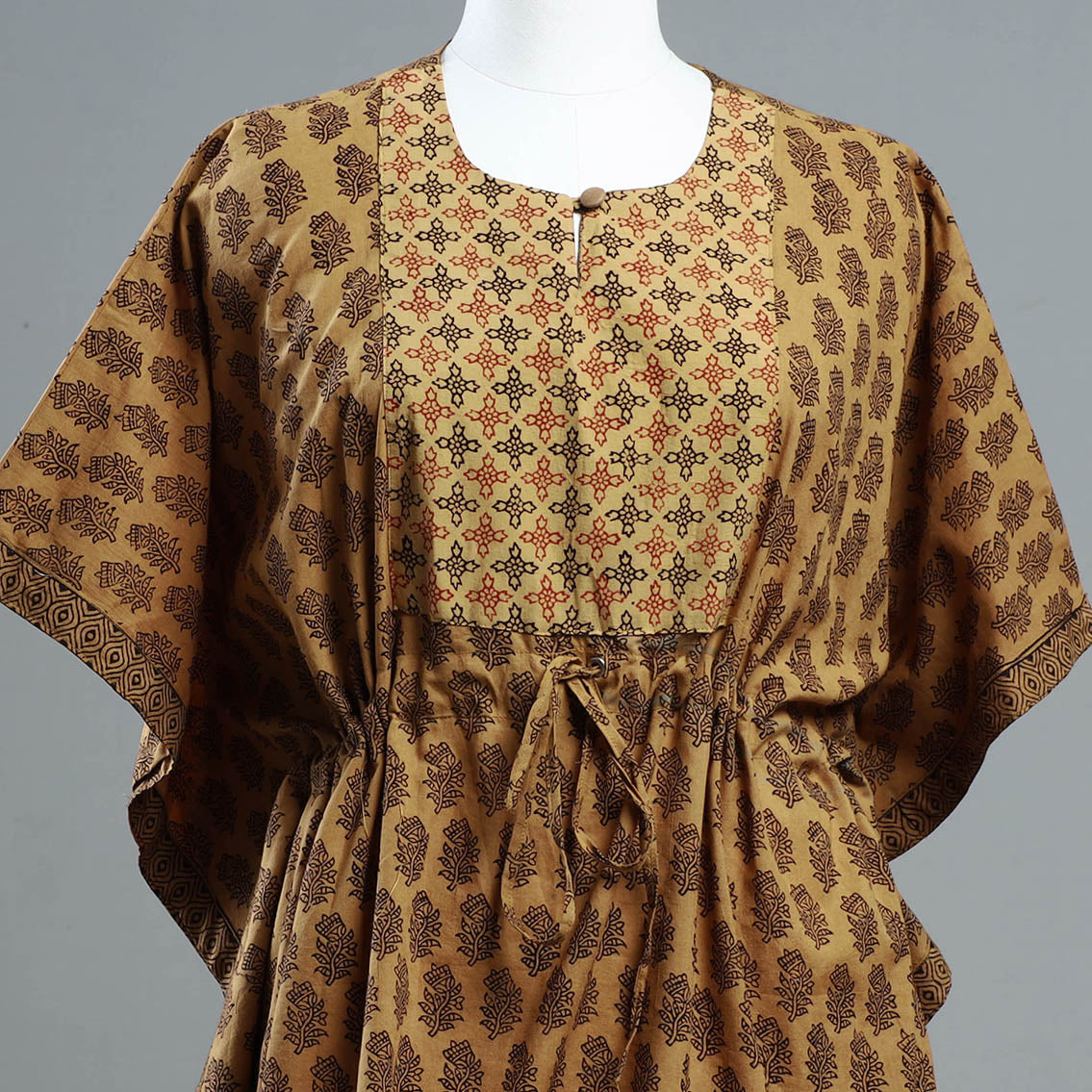 Brown - Bagh Block Printed Cotton Kaftan with Tie-Up Waist (Short)