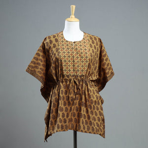 Brown - Bagh Block Printed Cotton Kaftan with Tie-Up Waist (Short)