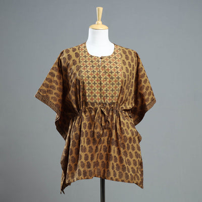 Brown - Bagh Block Printed Cotton Kaftan with Tie-Up Waist (Short)