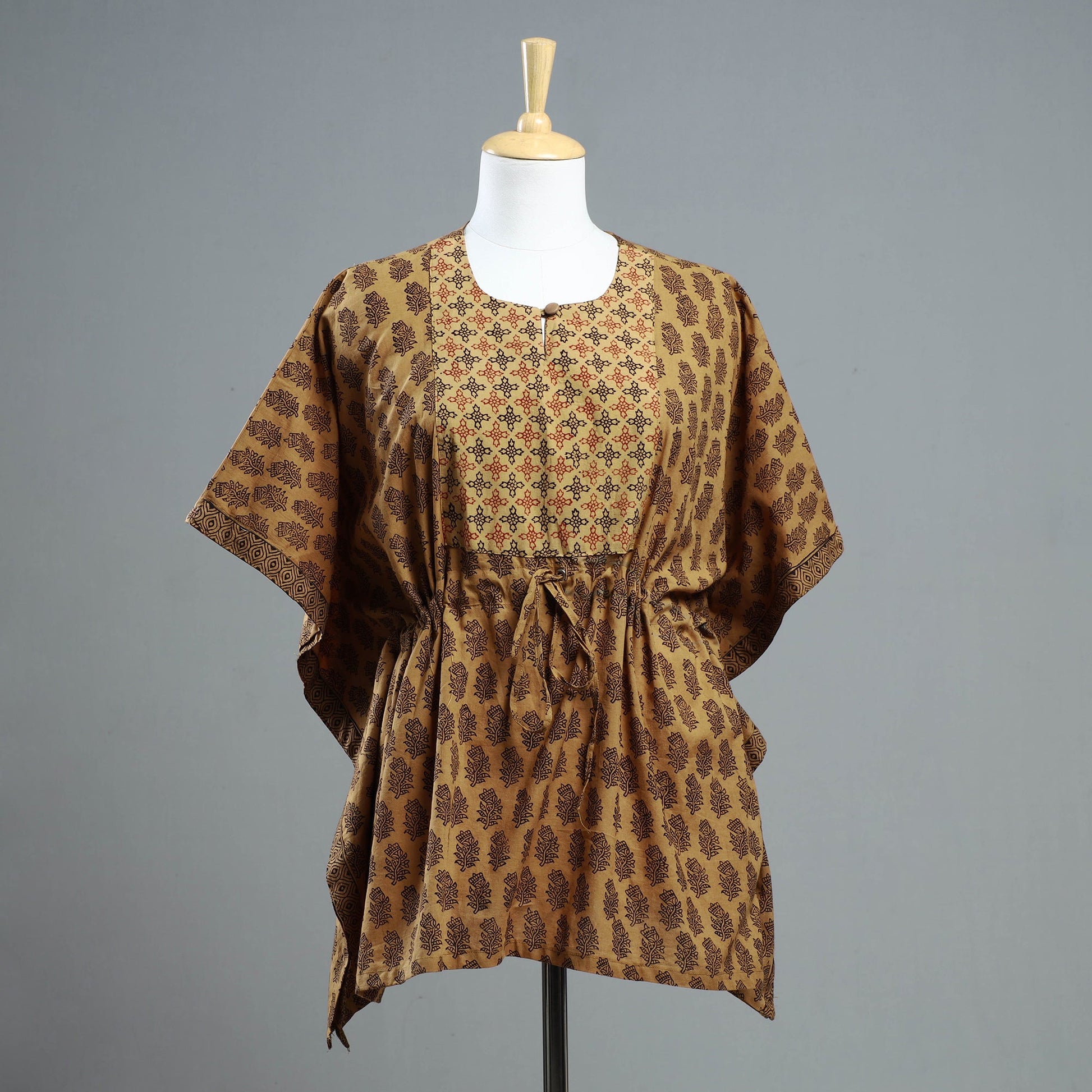 Brown - Bagh Block Printed Cotton Kaftan with Tie-Up Waist (Short)