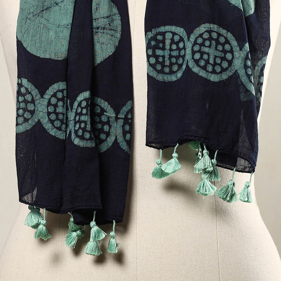 Black - Hand Batik Printed Mul Cotton Stole with Tassels 15