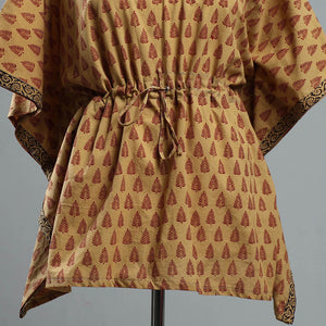 Brown - Bagh Block Printed Cotton Kaftan with Tie-Up Waist (Short)