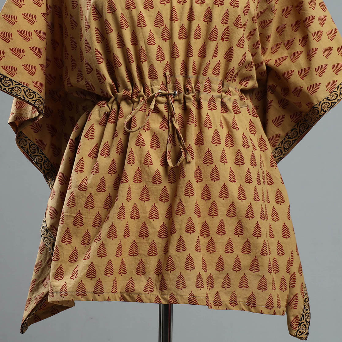 Brown - Bagh Block Printed Cotton Kaftan with Tie-Up Waist (Short)