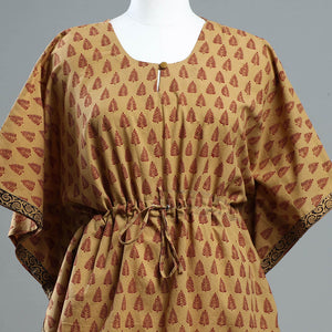 Brown - Bagh Block Printed Cotton Kaftan with Tie-Up Waist (Short)