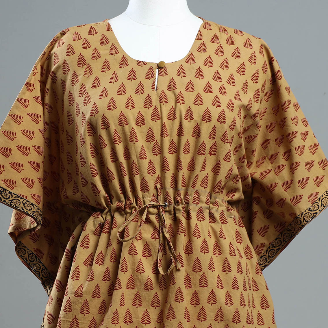 Brown - Bagh Block Printed Cotton Kaftan with Tie-Up Waist (Short)