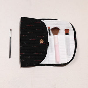 Black - Ikat Fabric Multipurpose Segmented Make-up Brush Wrap Pouch/Case
