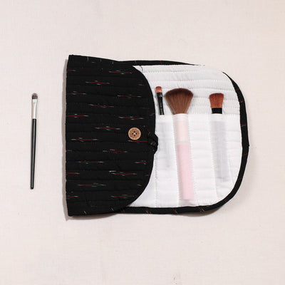 Black - Ikat Fabric Multipurpose Segmented Make-up Brush Wrap Pouch/Case