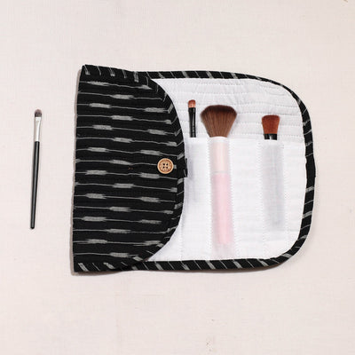 Black - Ikat Fabric Multipurpose Segmented Make-up Brush Wrap Pouch/Case