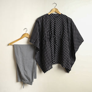 Black - Hand Printed Cotton Kaftan & Pyjama Night Suit Set
